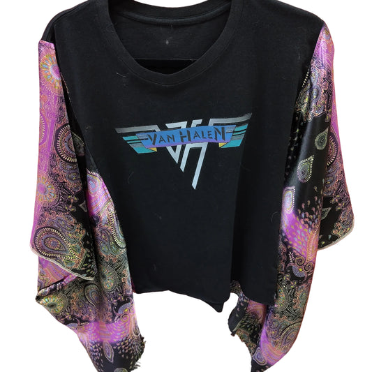 Custom Upcycled Van Halen Graphic Tee with Purple Paisley Batwing Sleeves