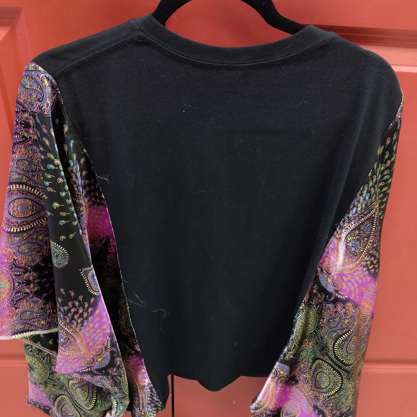 Custom Upcycled Van Halen Graphic Tee with Purple Paisley Batwing Sleeves
