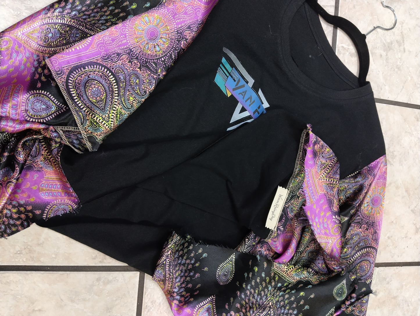 Custom Upcycled Van Halen Graphic Tee with Purple Paisley Batwing Sleeves