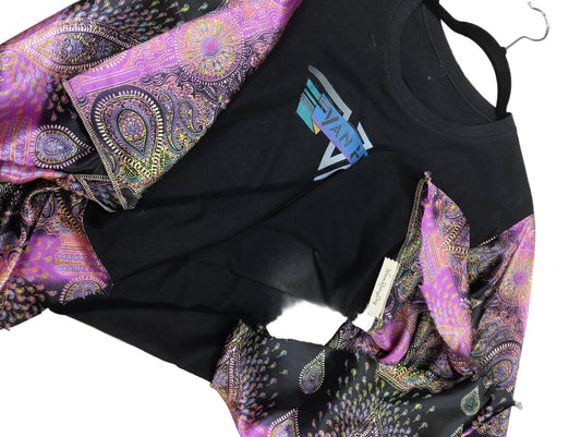 Custom Upcycled Van Halen Graphic Tee with Purple Paisley Batwing Sleeves