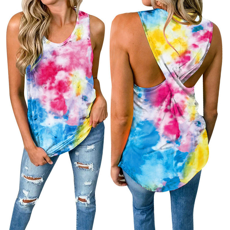 Round Neck Sleeveless Tie-dye Twist-knot Casual Women's Top