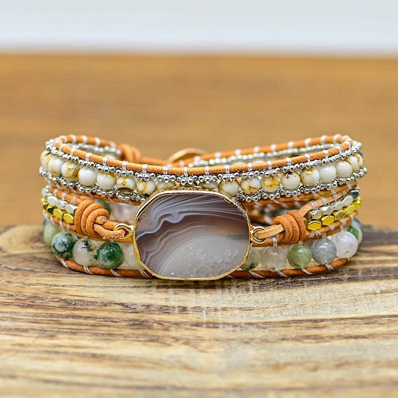 Natural Cut Agate Bracelet Stone Alloy Beads Hand Woven