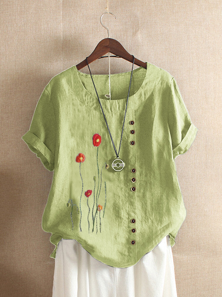 Embroidered Short Sleeved, Round Neckline Summer Blouse