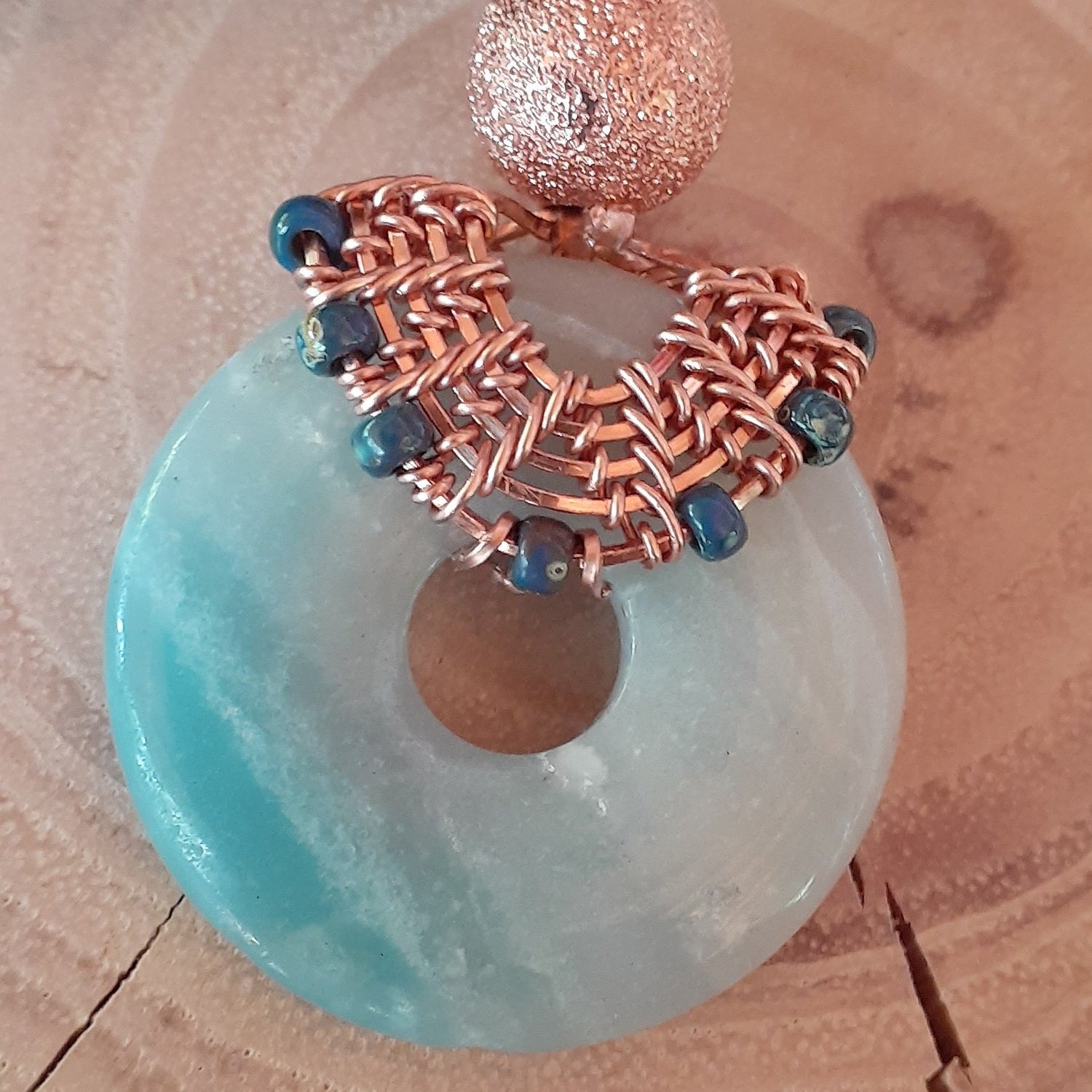 Amazonite Donut with copper wirework. - WarmRainyDay