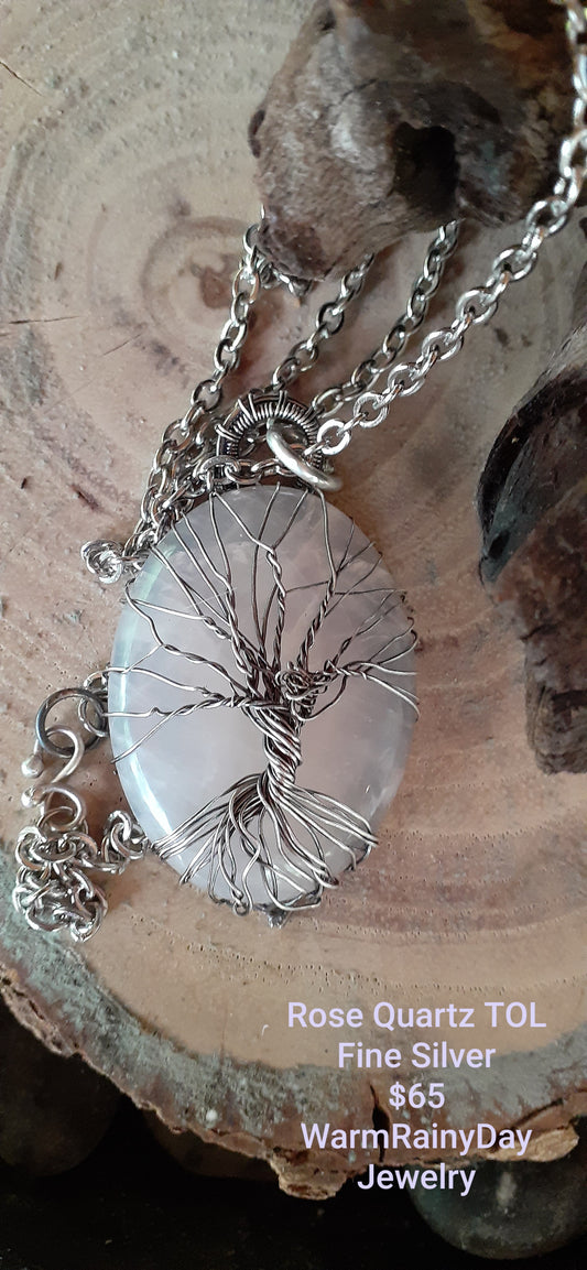 Rose Quartz Silver wire Tree of Life - WarmRainyDay