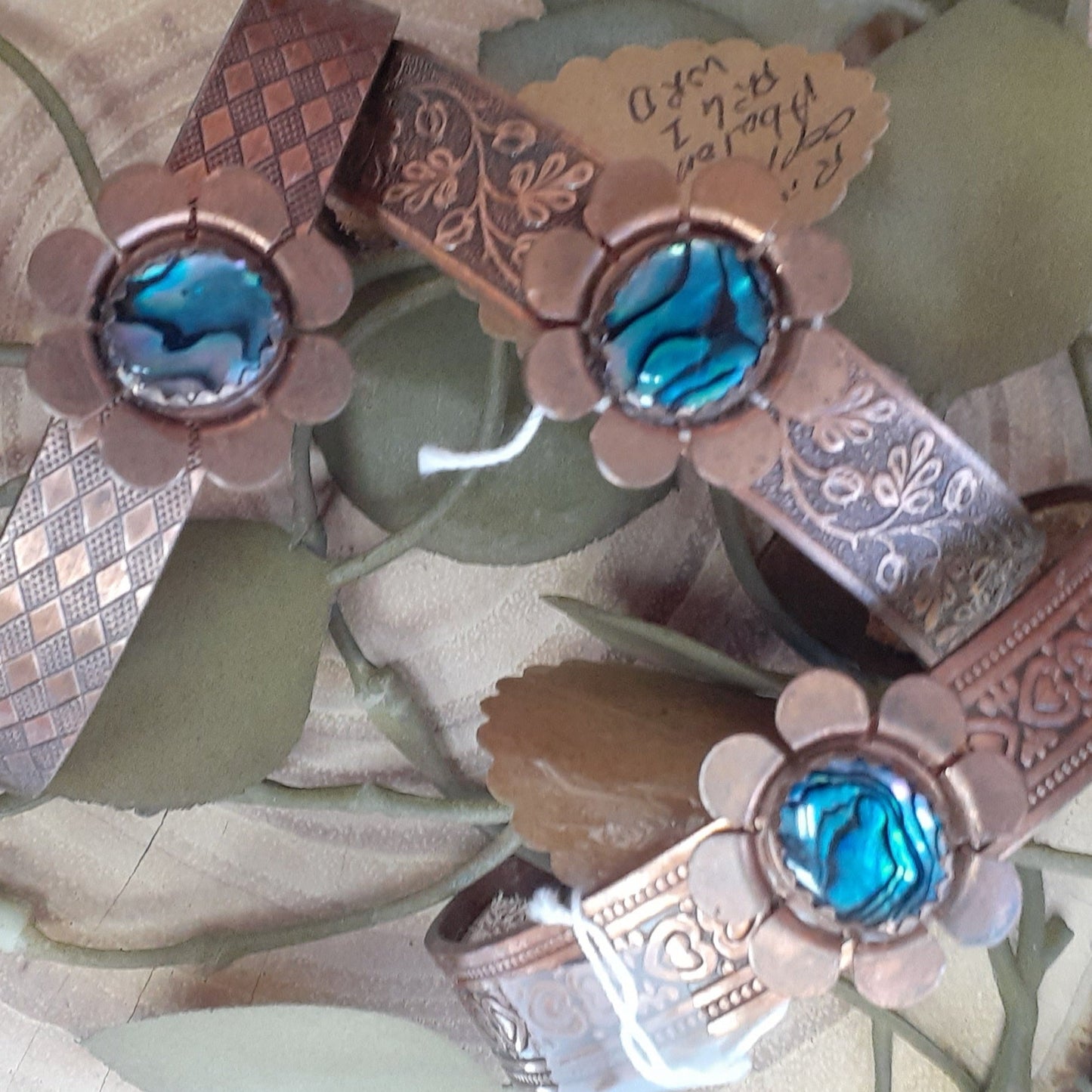 Three Copper Flower Cuffs, Abalone Shell |WRD - WarmRainyDay