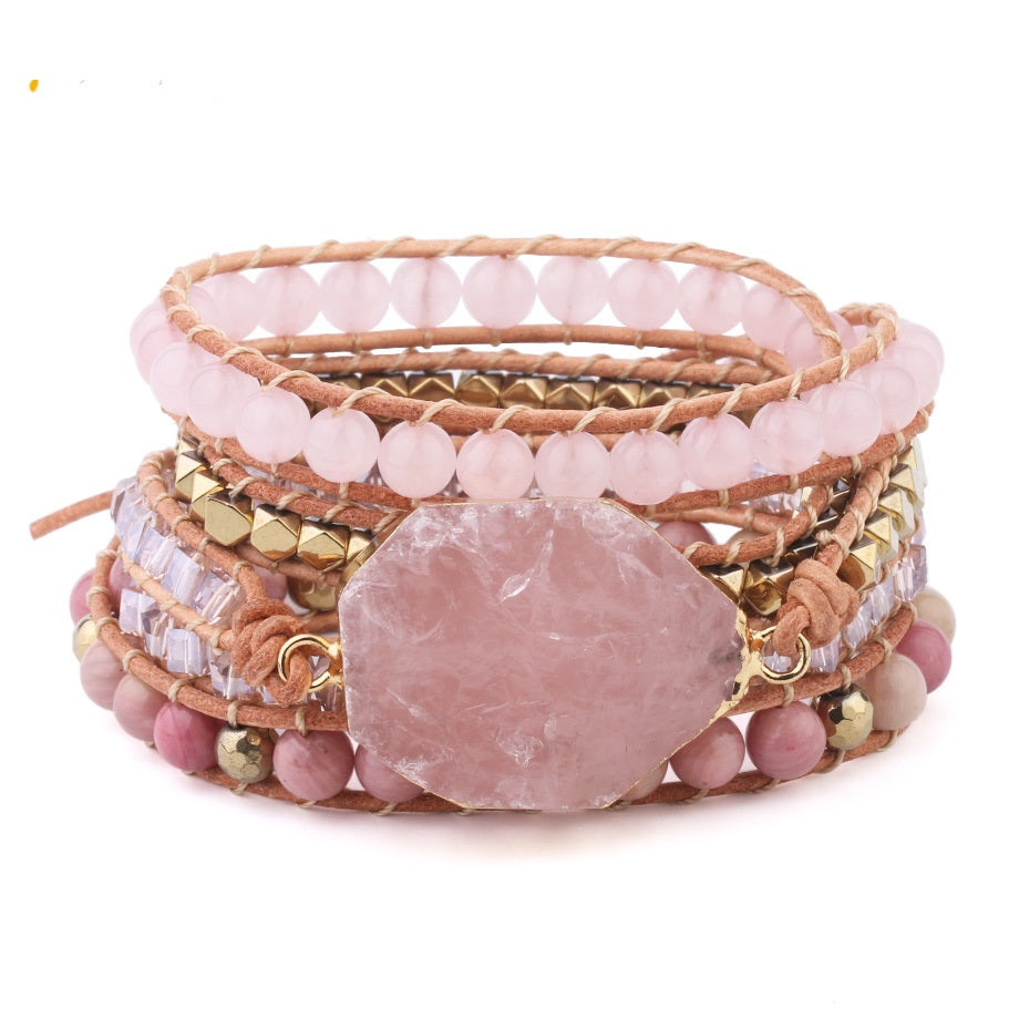 Natural Stone Leather Wrap Bracelet with Rose Quartz