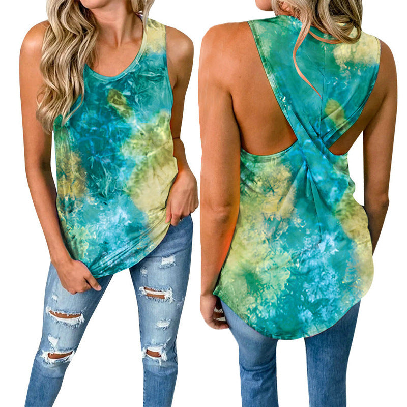 Round Neck Sleeveless Tie-dye Twist-knot Casual Women's Top