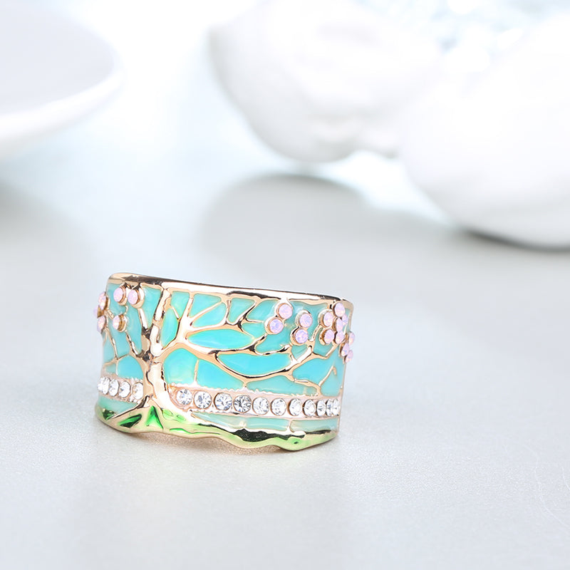 Fashion Flower Tree Ring  Gold Pink Opal Green Enamel  Ring  Vintage Style