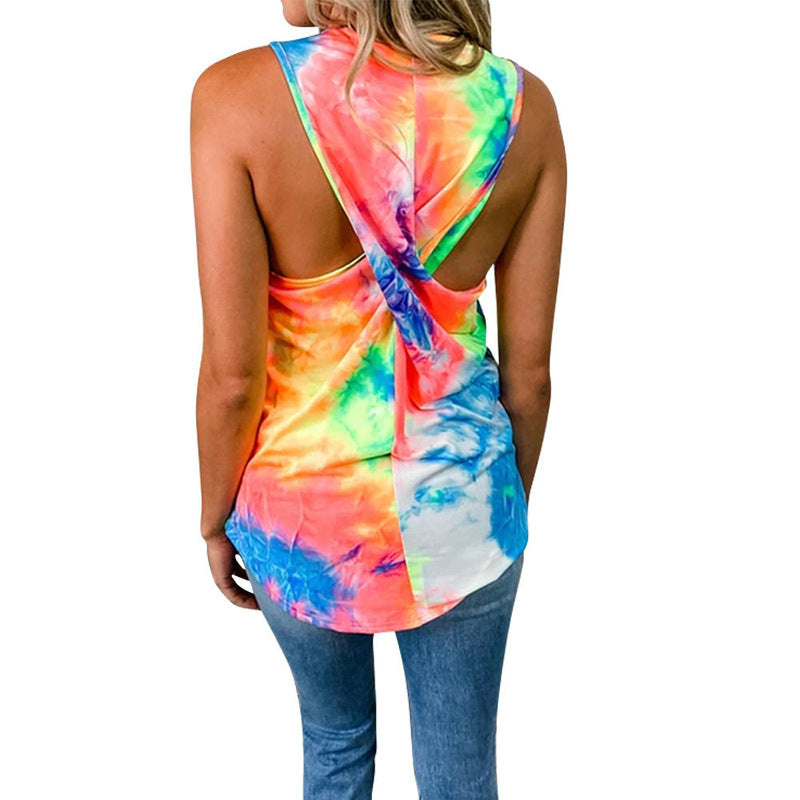 Round Neck Sleeveless Tie-dye Twist-knot Casual Women's Top