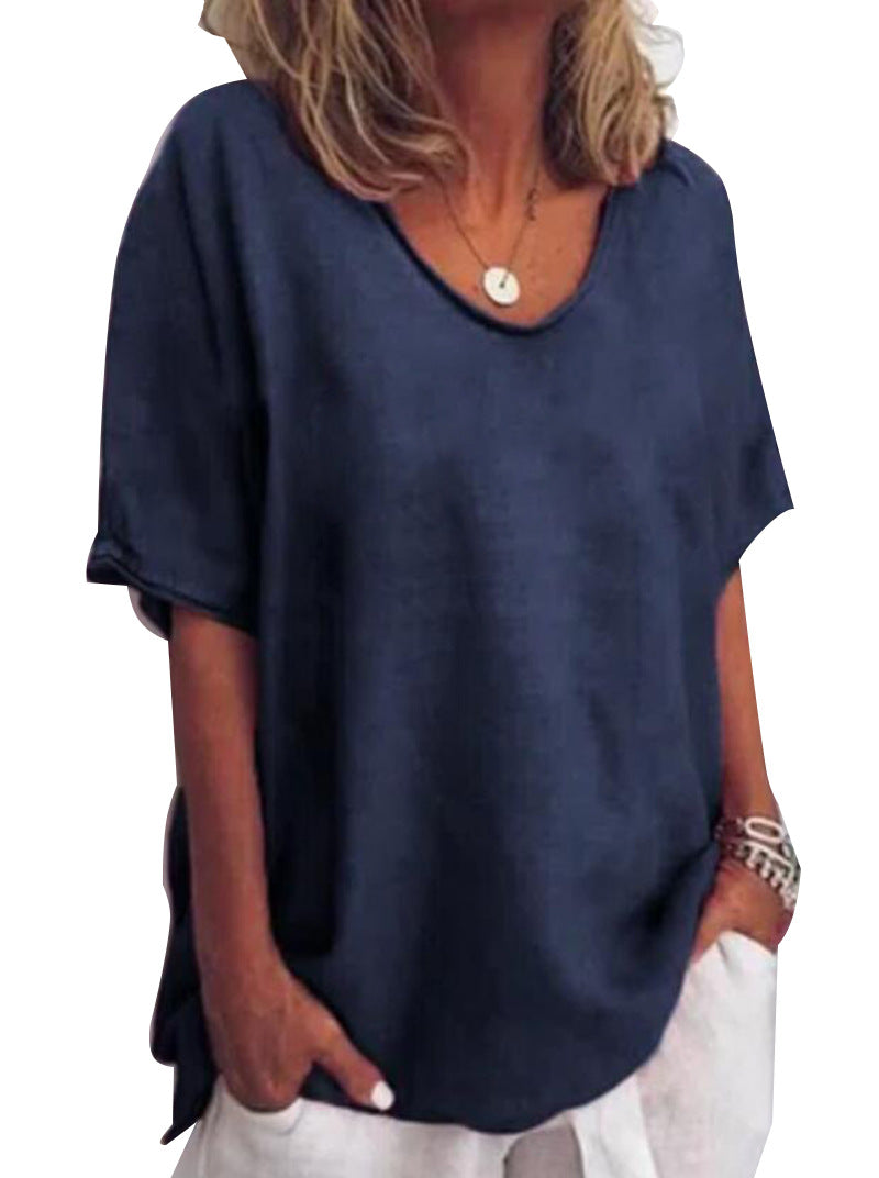 Cotton And Linen Solid Color Short-sleeved T-shirt Women's Casual Coat