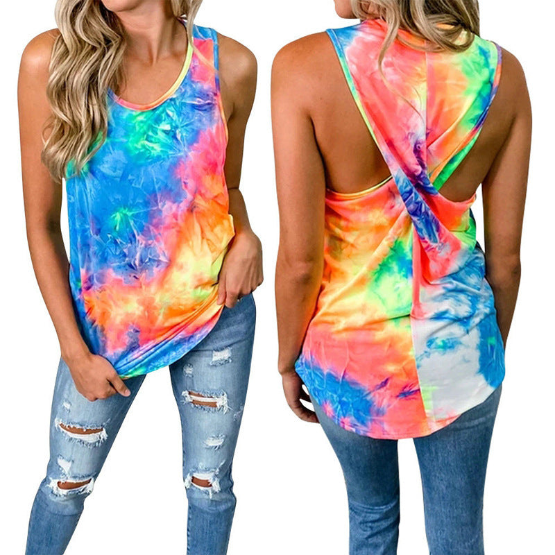 Round Neck Sleeveless Tie-dye Twist-knot Casual Women's Top