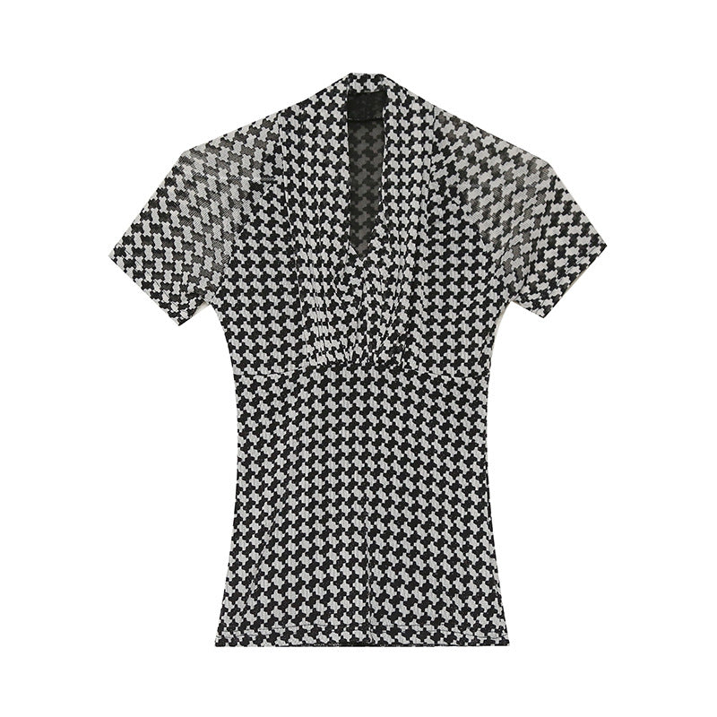 Houndstooth Bright Silk V-neck Short-sleeved T-shirt For Women